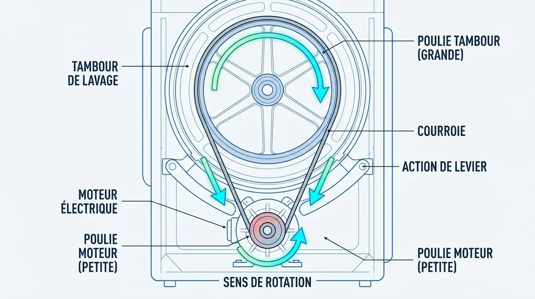 Schéma technique montrant le passage de la courroie entre le moteur et le tambour