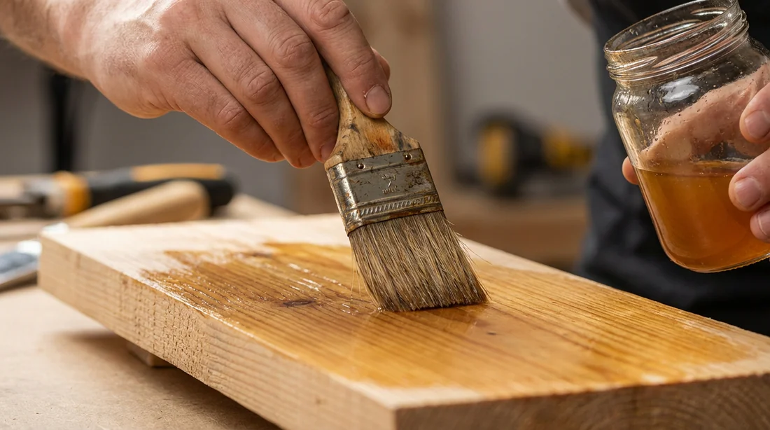 Application d'un mélange traditionnel d'huile de lin et de térébenthine sur une planche de bois.