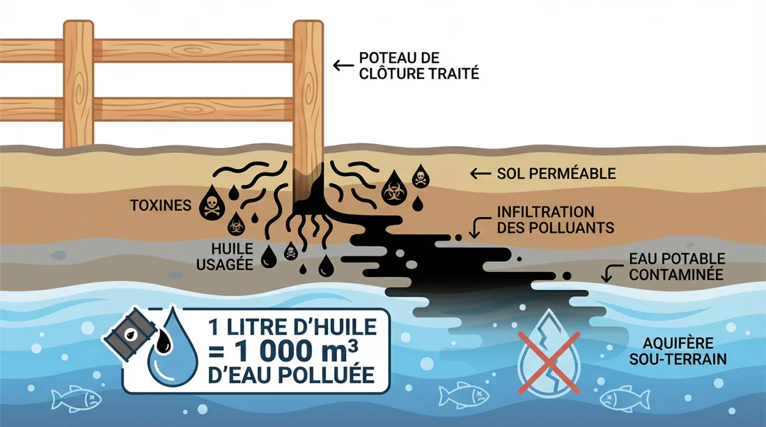 Schéma montrant le lessivage des toxines de l'huile de vidange vers la nappe phréatique.