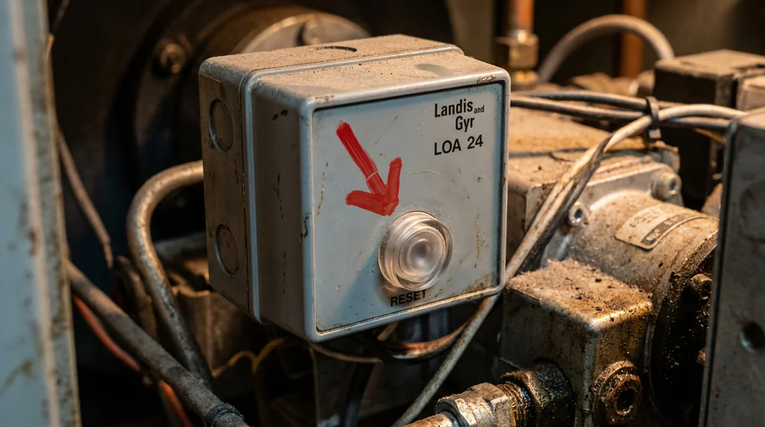 Bouton de réarmement sur le coffret de sécurité LOA 24 d'un brûleur Cuenod