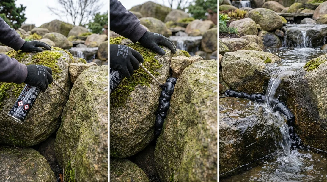Application de mousse expansive noire sous les pierres pour bloquer le passage de l'eau.