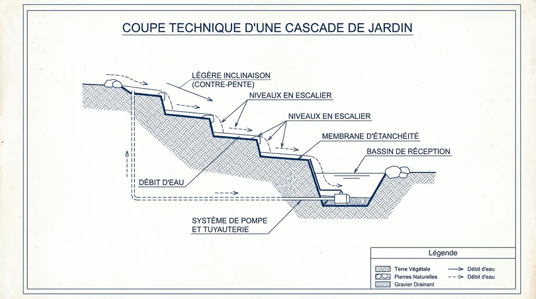Schéma technique en coupe d'une cascade montrant les gradins avec contre-pente.