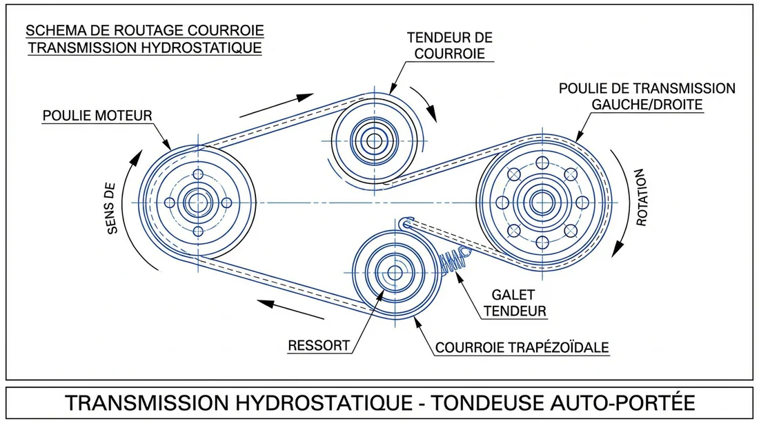 Schéma technique du cheminement de la courroie de transmission Honda.