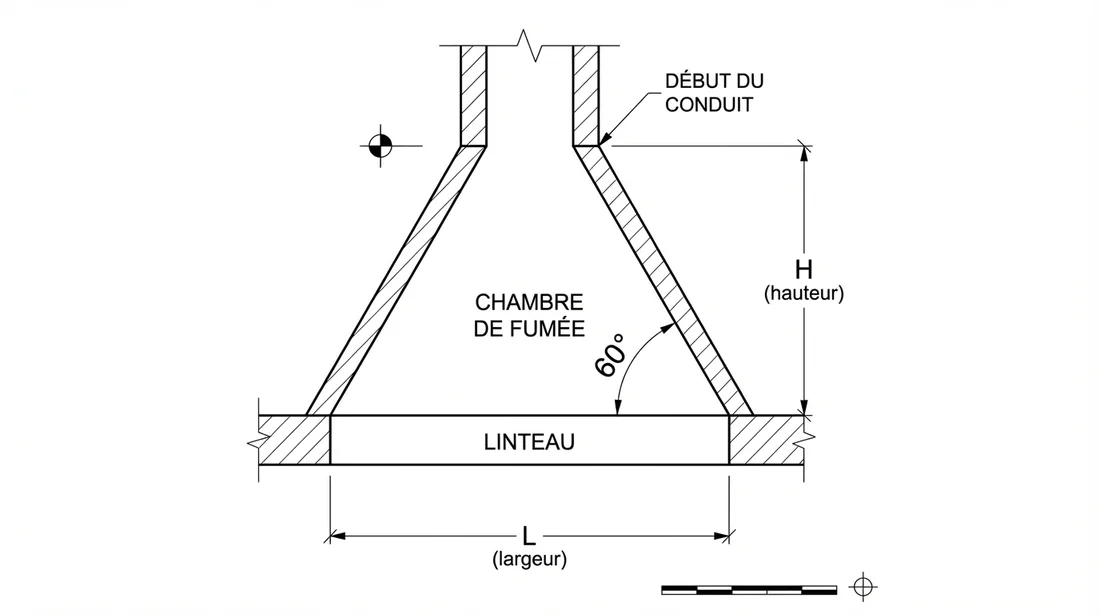 Schéma technique 2D des dimensions et angles d'un avaloir (60 degrés)