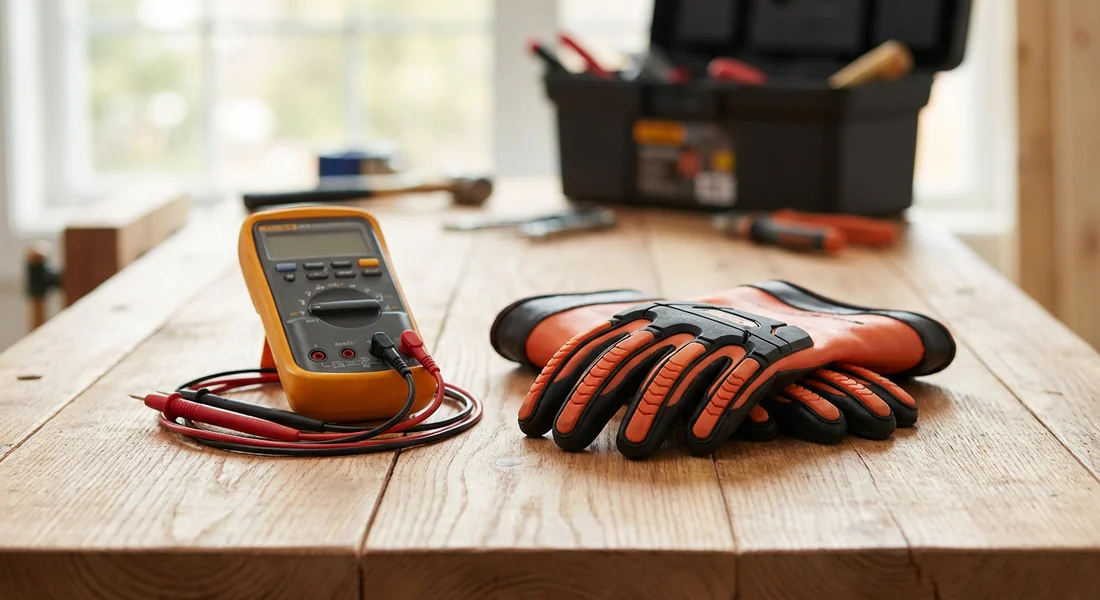 Équipement de sécurité et multimètre pour installation électrique.