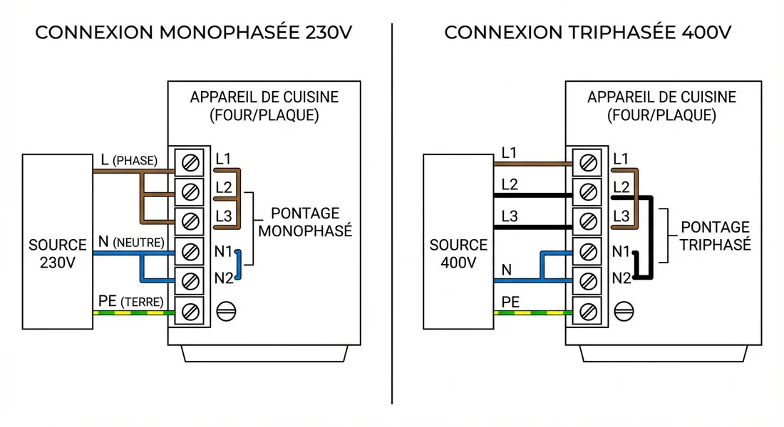 Schéma de câblage monophasé et triphasé pour table de cuisson.