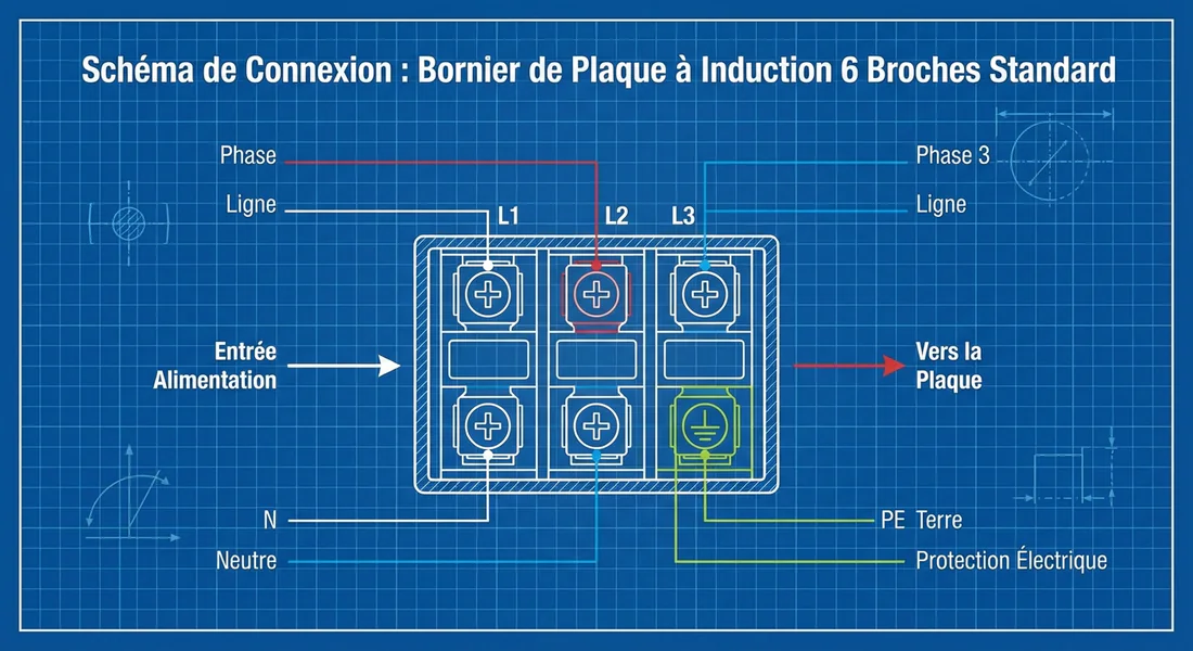 Schéma technique des bornes de connexion d'une plaque induction.