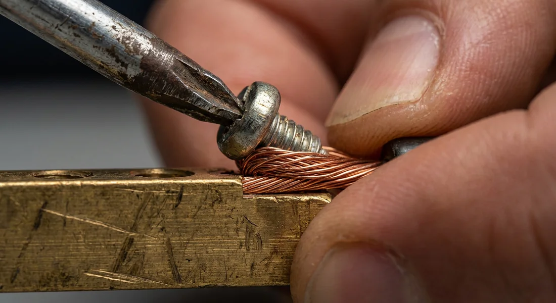 Serrage d'un fil électrique sur le bornier d'une plaque.