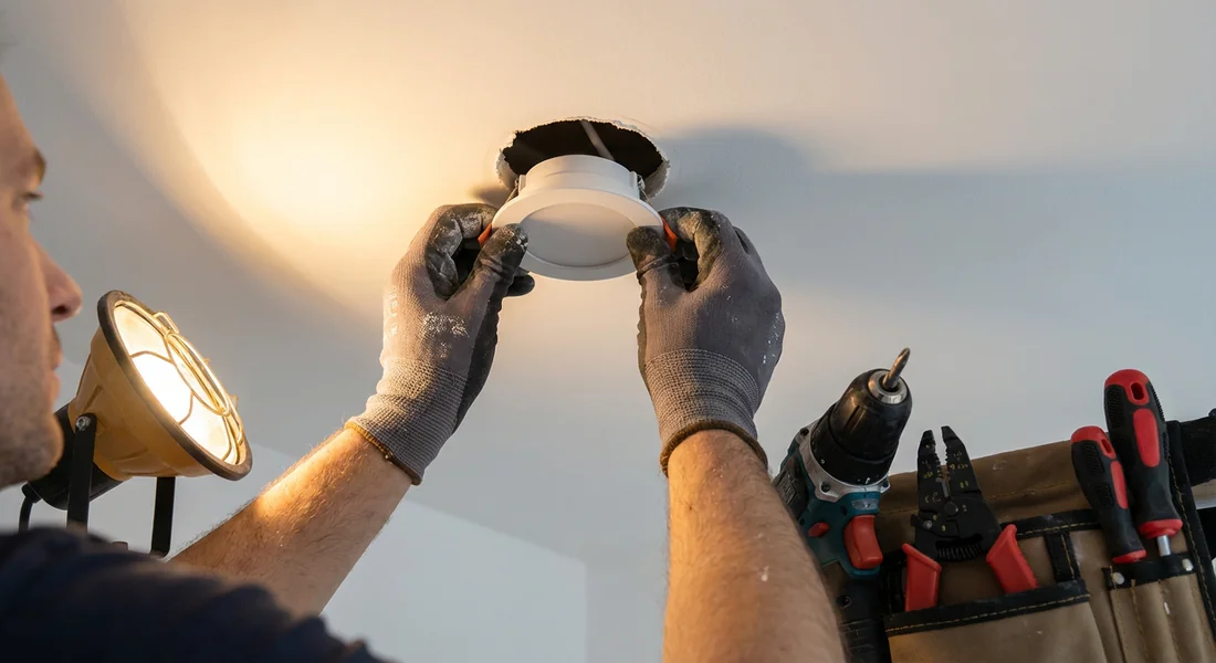 Installation d'un spot LED encastré avec détecteur intégré.