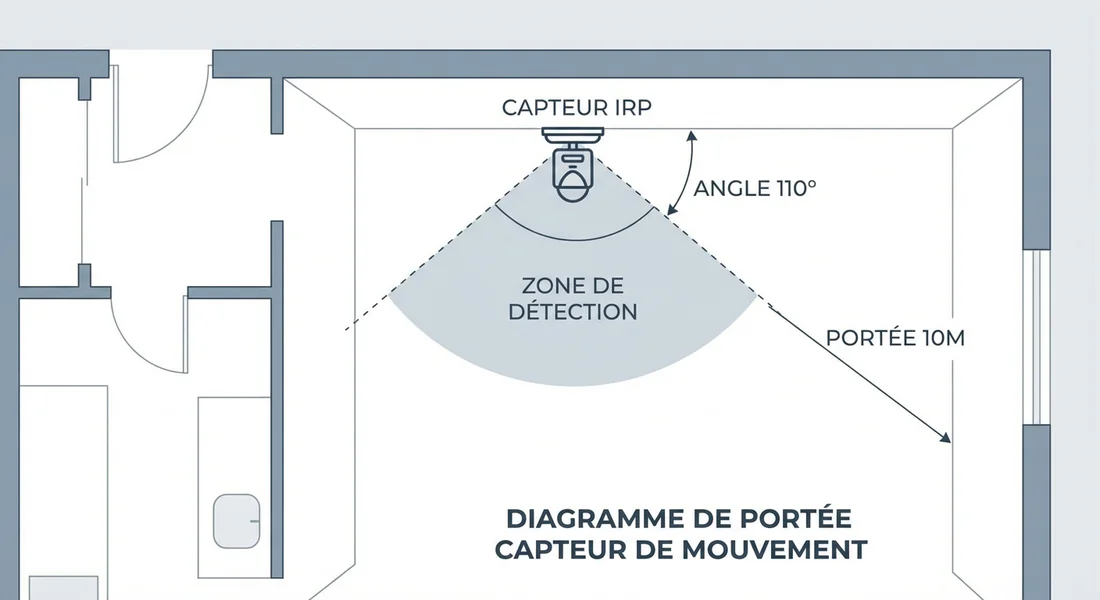 Schéma technique de la portée de détection d'un capteur d'éclairage.