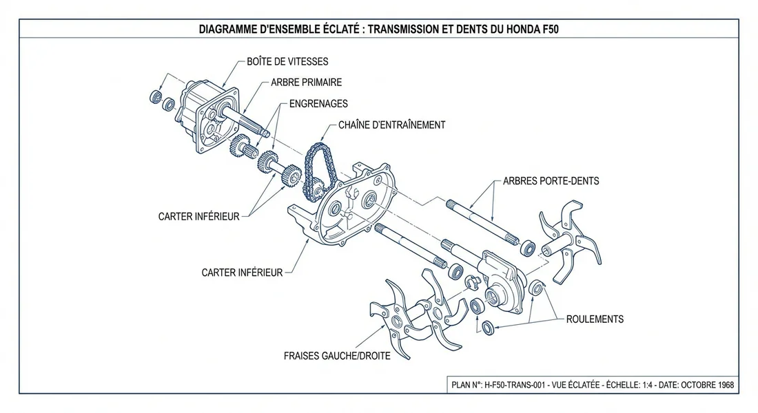 Schéma technique de la transmission et des fraises du Honda F50.