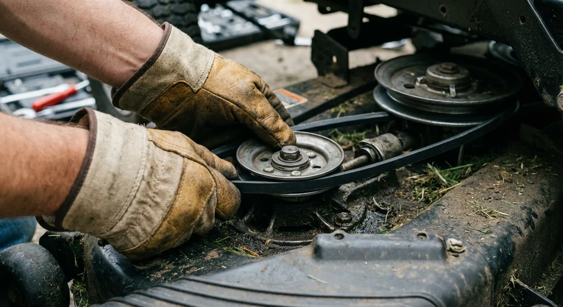 Installation manuelle d'une courroie de traction sur un plateau de coupe