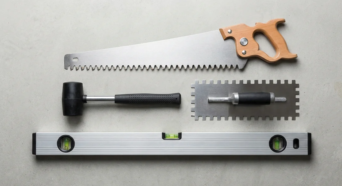 Ensemble d'outils pour la découpe et la pose de carreaux de béton cellulaire.