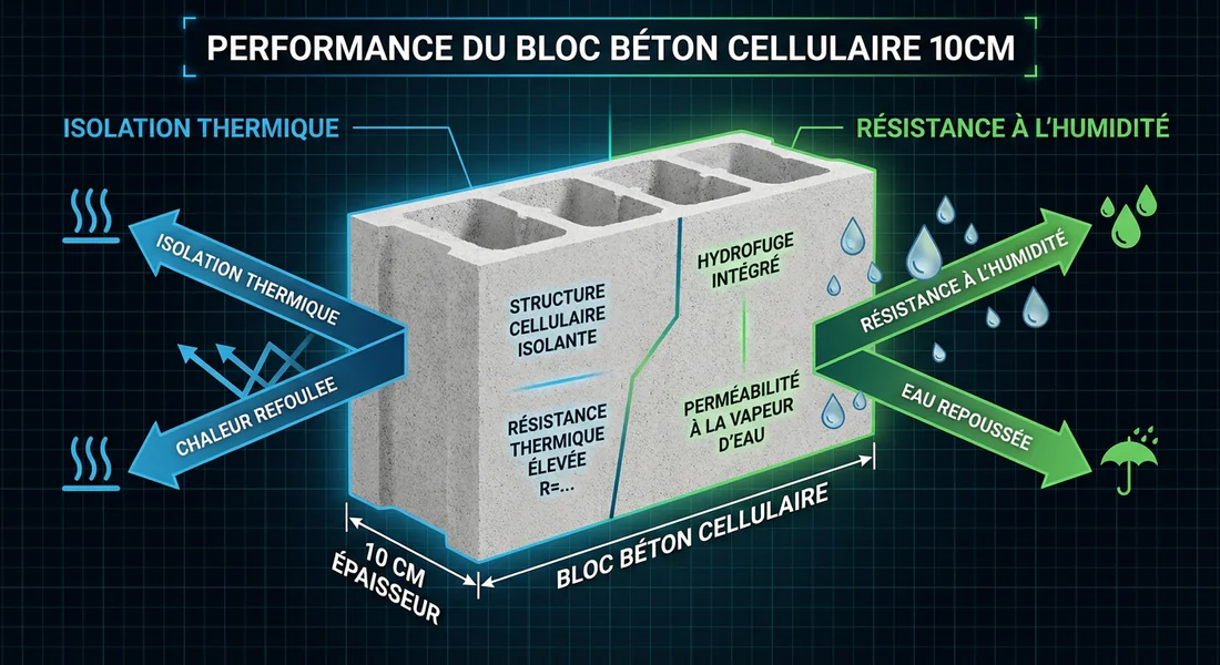Infographie des caractéristiques techniques et isolation du béton cellulaire 10 cm.