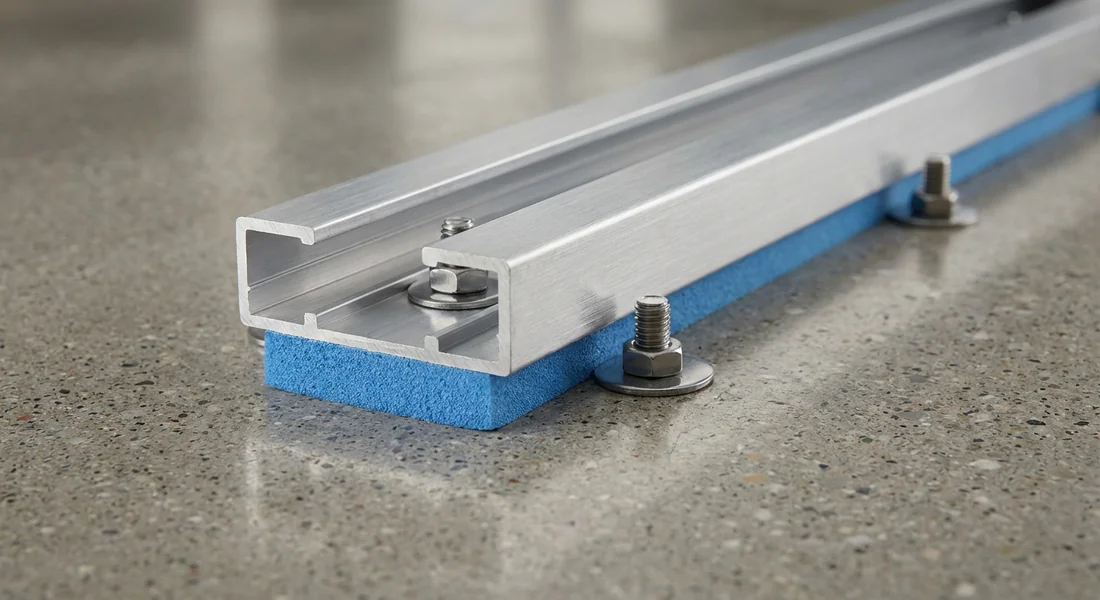 Fixation de la lisse basse d'une cloison sur une dalle béton avec bande résiliente.