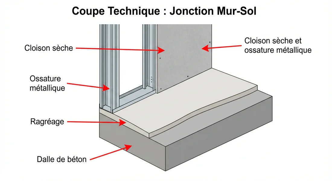 Schéma technique montrant l'ordre des couches entre le ragréage et la cloison placo.