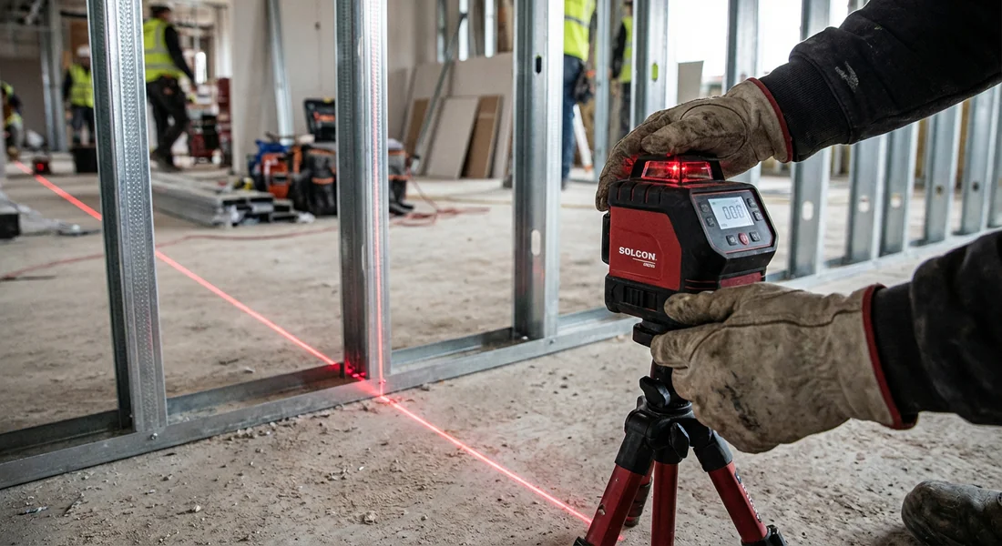 Vérification du niveau du sol avec un laser avant de poser l'ossature métallique.