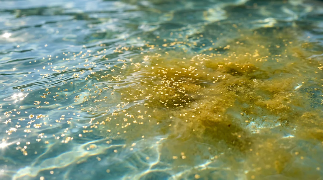 Aspect visuel de l'eau avec pollen et algues