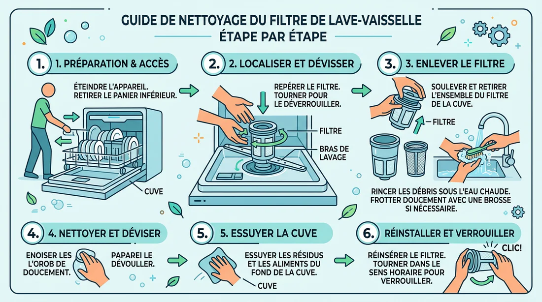 Infographie des étapes de nettoyage du filtre lave-vaisselle