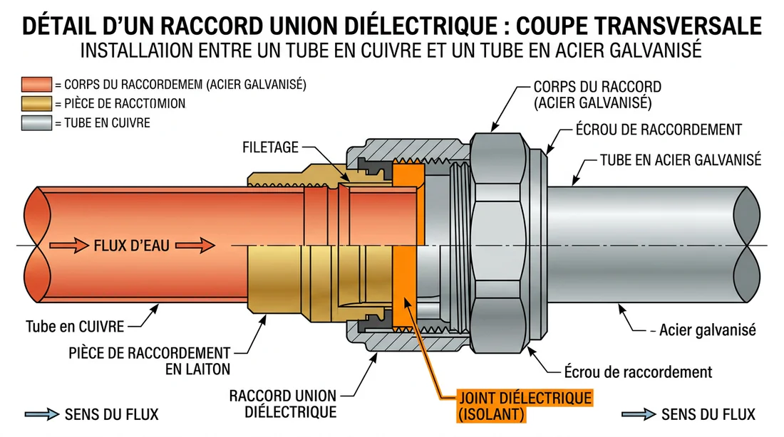 Schéma technique de montage d'un raccord diélectrique