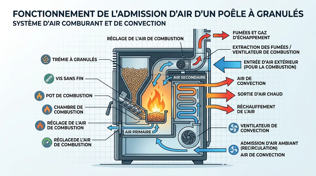 Schéma technique des entrées d'air d'un poêle Ravelli