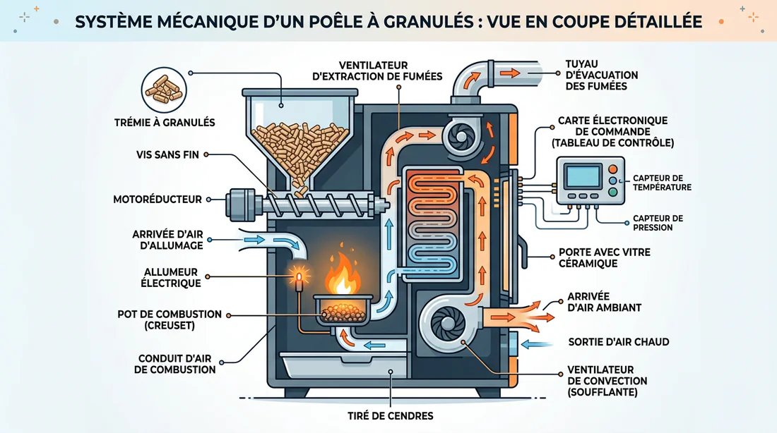 Schéma technique des composants d'un poêle à granulés