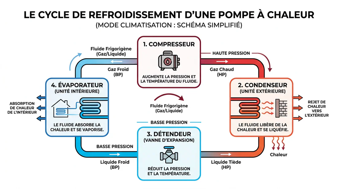 Schéma de fonctionnement simplifié d'une pompe à chaleur
