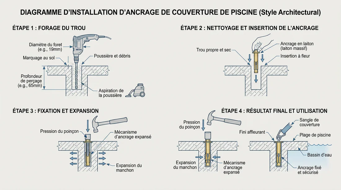 Schéma technique d'installation de piton de bâche à barres dans la dalle