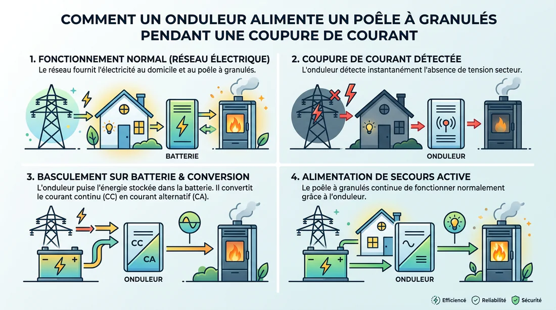 Infographie du fonctionnement de l'onduleur en cas de coupure de courant