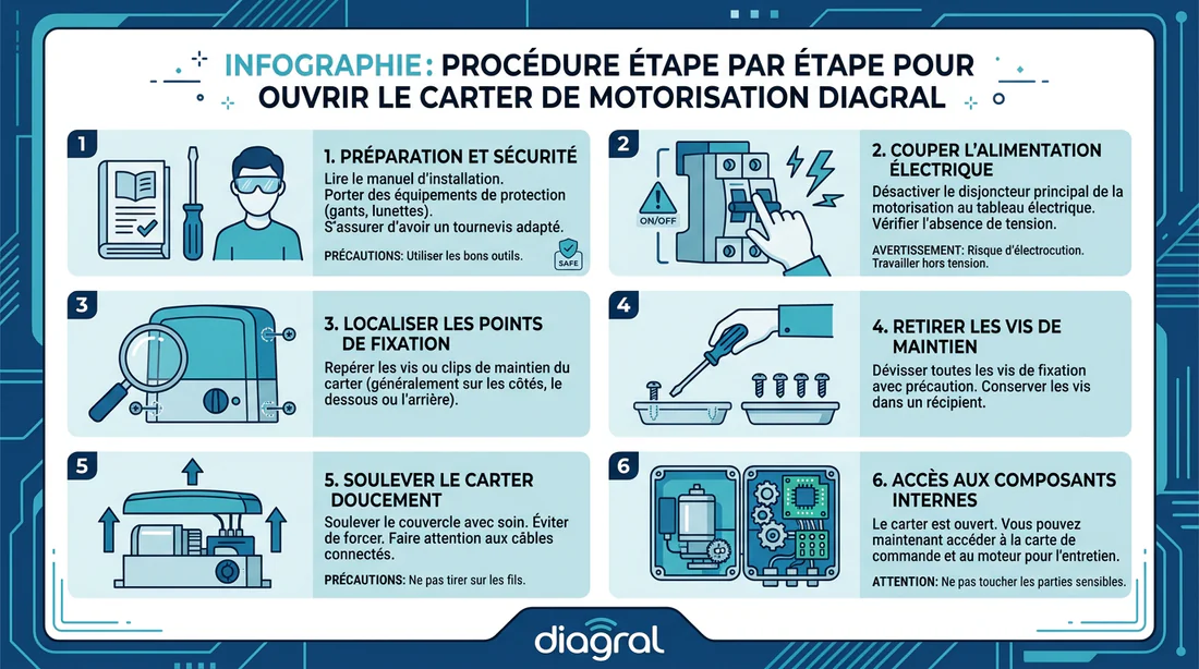 Infographie étape par étape pour ouvrir le bloc moteur Diagral