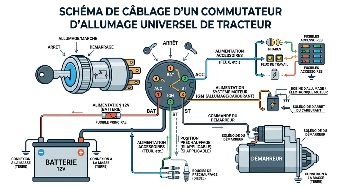 Schéma de branchement d'un contacteur à clé de tracteur