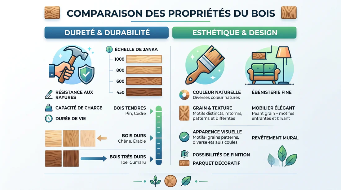 Infographie comparative des propriétés du charme et de l'orme