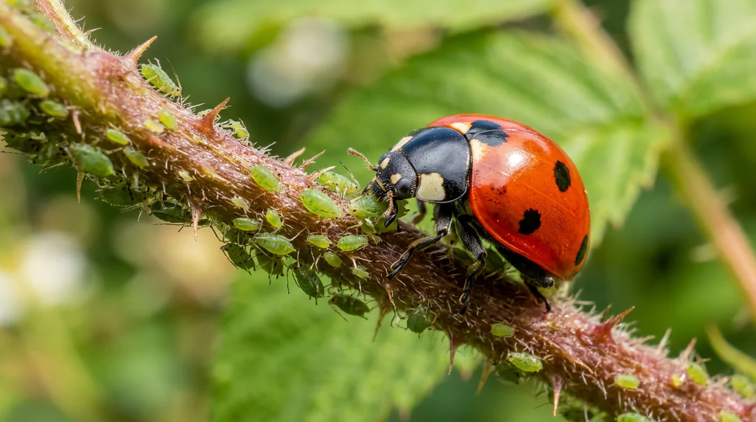 Coccinelle dévorant des pucerons sur un framboisier