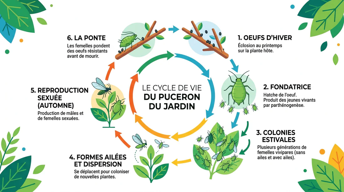 Schéma explicatif du cycle de vie des pucerons du jardin