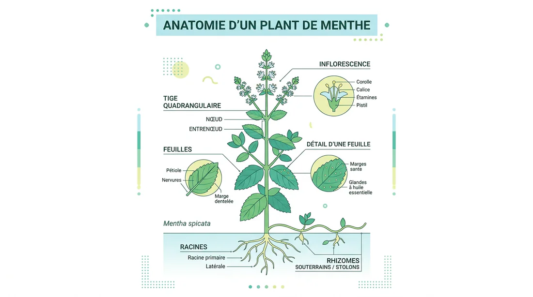 Infographie pédagogique sur l'anatomie d'un plant de menthe