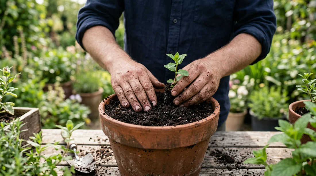 Jardinage plantation de menthe dans un pot en terre cuite