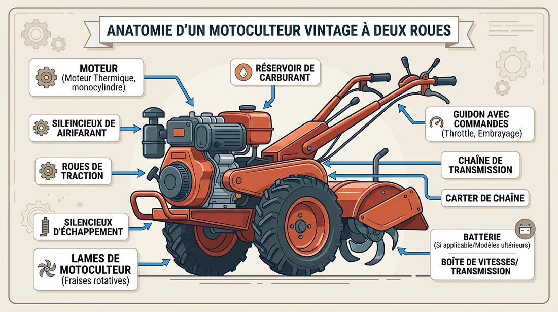 Schéma technique des composants d'un motoculteur