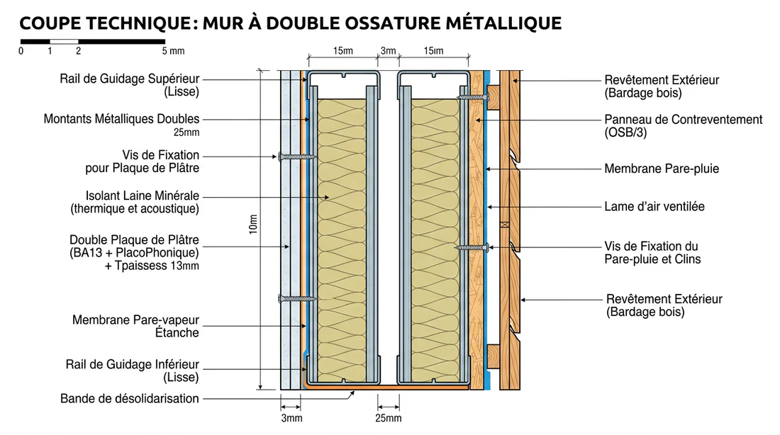 Schéma technique d'une cloison avec ossature métallique et montants doublés