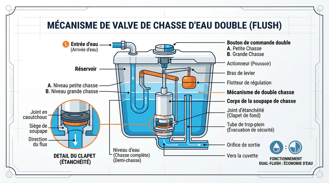 Schéma technique du mécanisme de chasse d'eau double flux