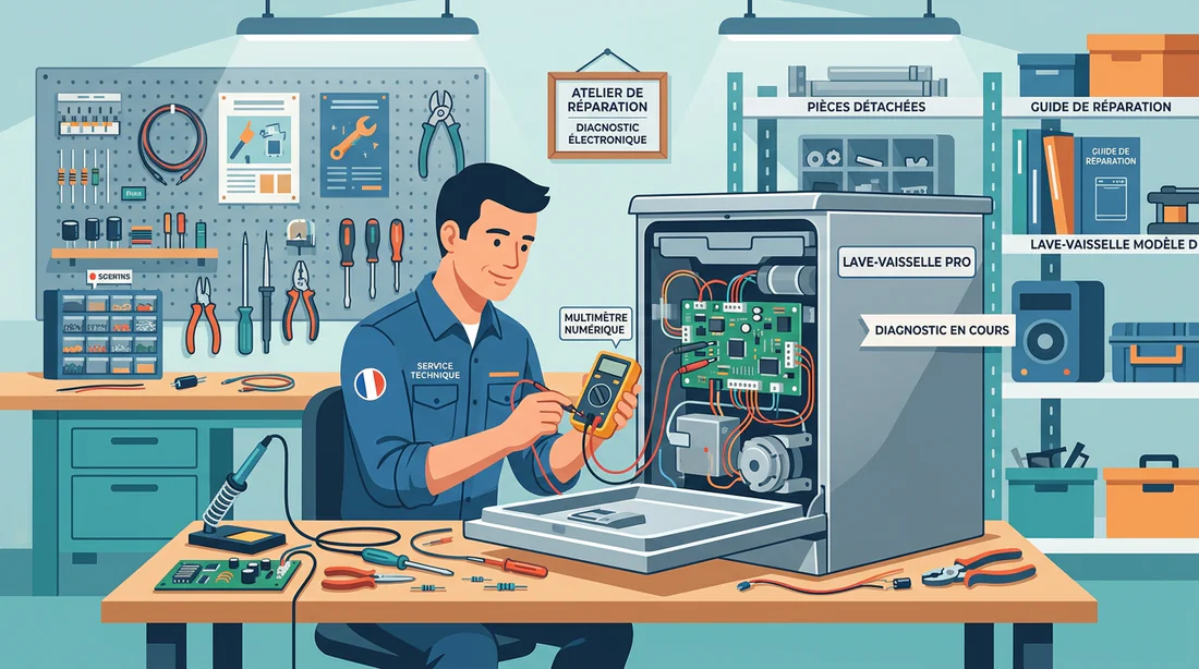 Technicien réparant le module électronique d'un lave-vaisselle