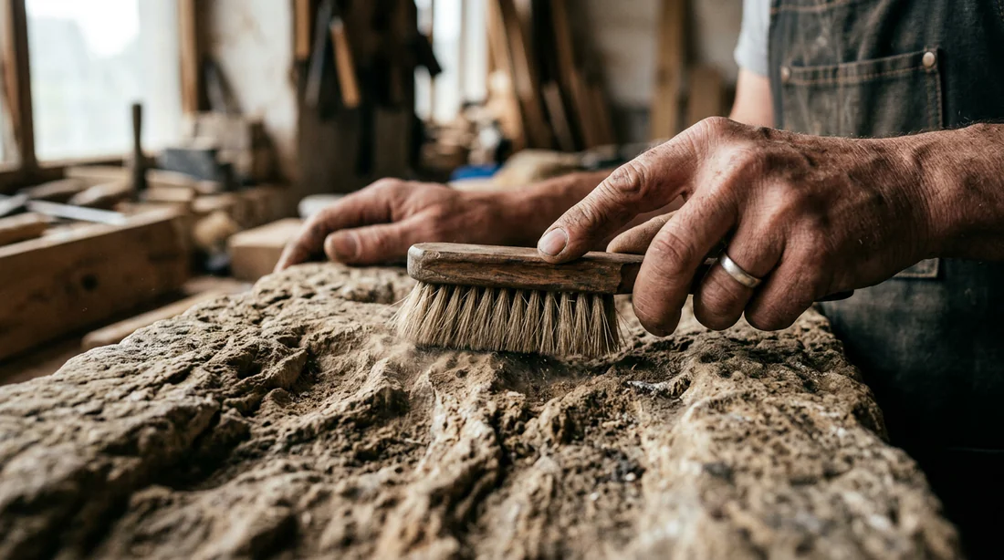 Artisan nettoyant la pierre du Gard