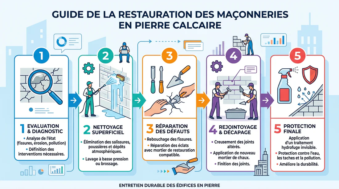 Schéma des étapes de restauration de pierre