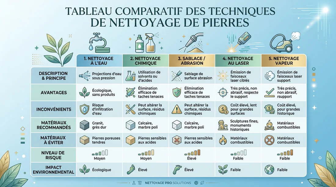 Tableau comparatif des techniques de nettoyage de pierre