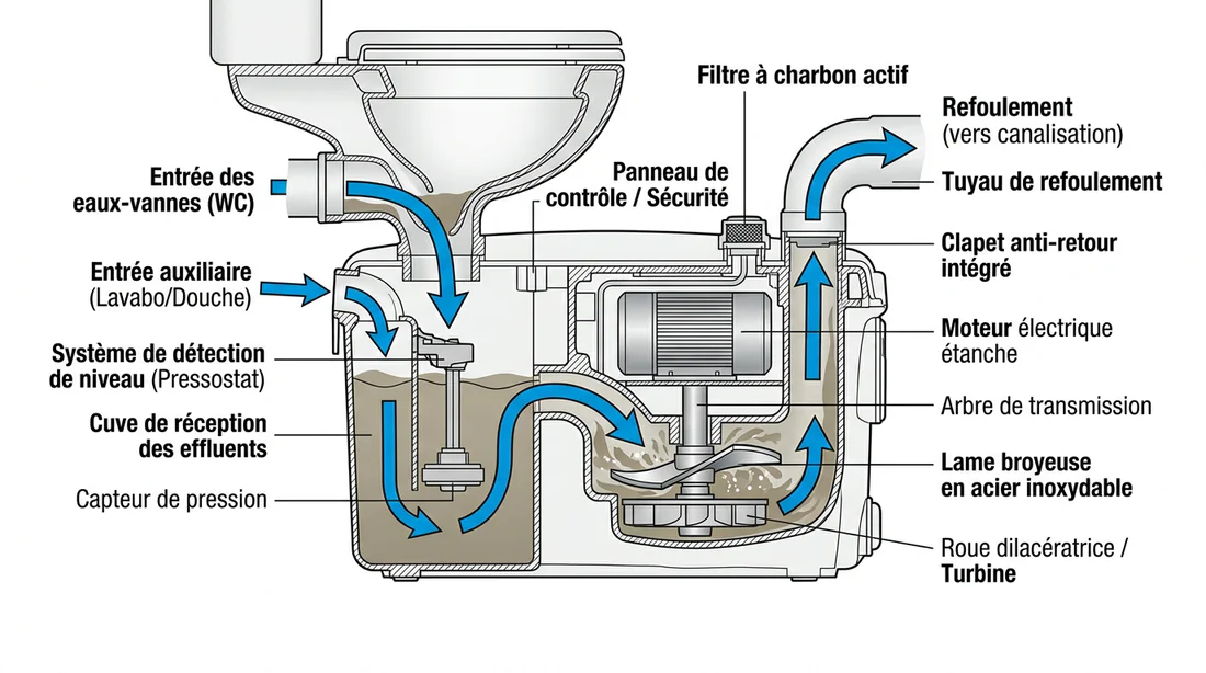 Schéma de fonctionnement interne d'un sanibroyeur