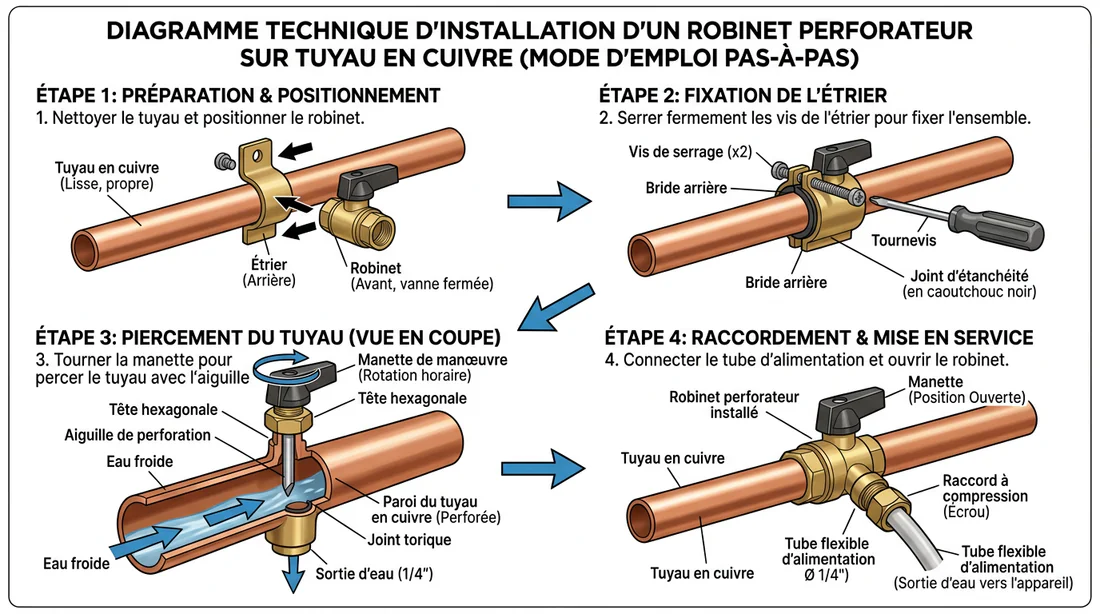 Schéma technique d'installation d'un robinet autoperceur sur tube cuivre
