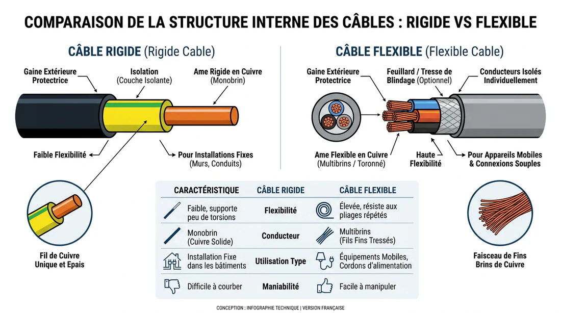 Schéma technique comparant la structure interne des câbles électriques rigides et souples