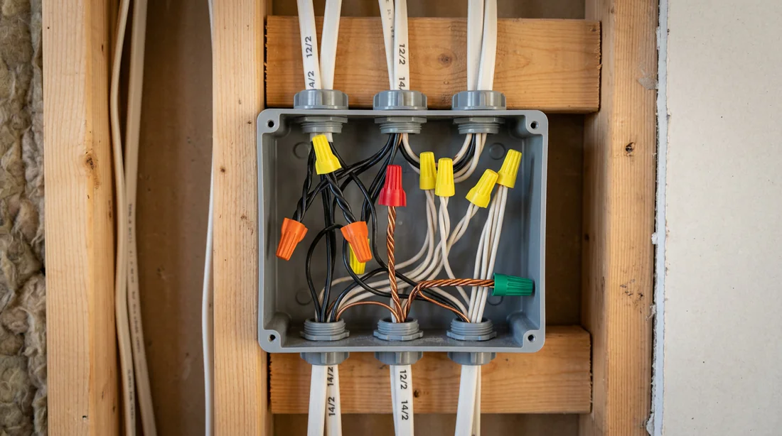 Installation électrique résidentielle avec des câbles rigides dans une boîte de dérivation