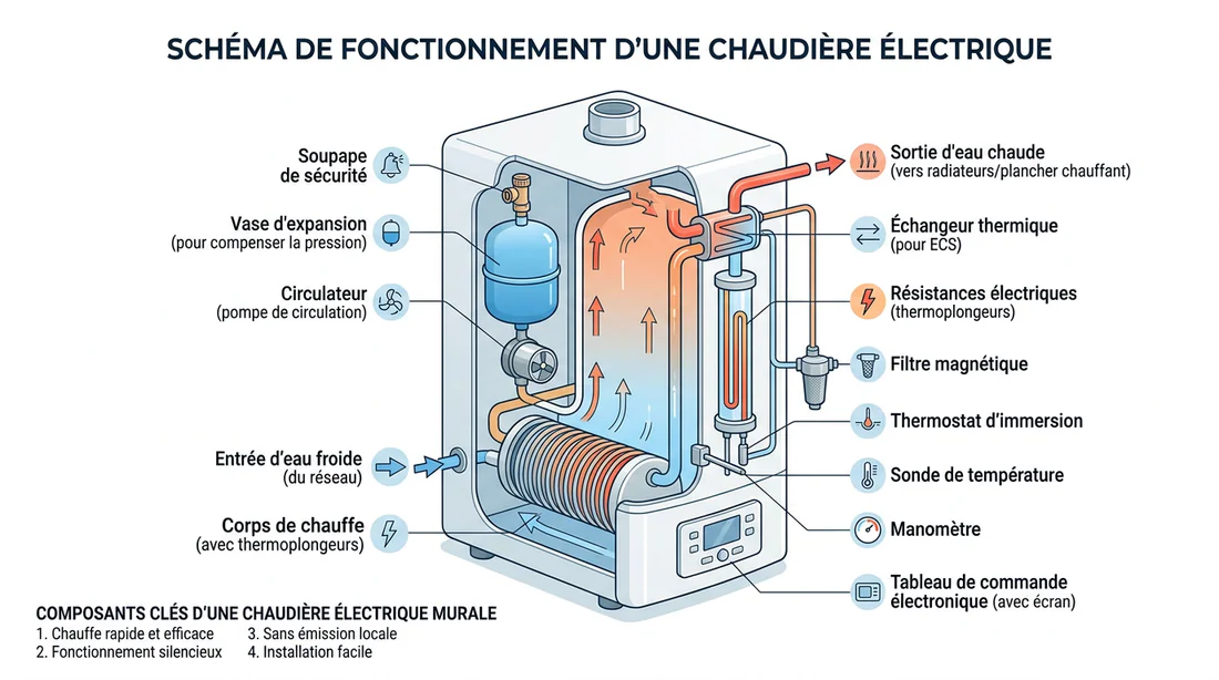 Schéma explicatif des composants internes d'une chaudière électrique