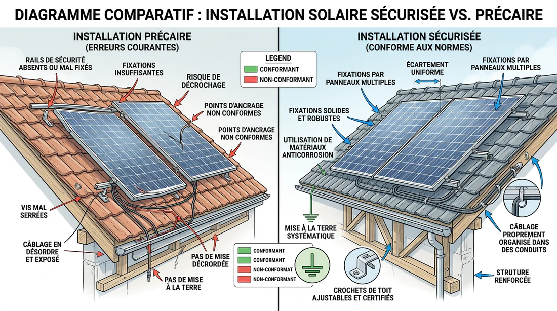 Schéma technique comparatif de fixation de panneaux solaires