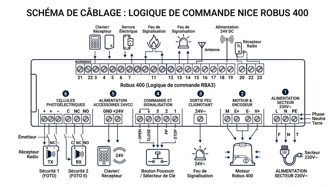 Schéma de câblage de la carte électronique Nice Robus 400